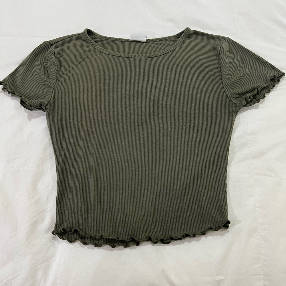 Destined Army Green Lettuce Trimmed Fitted Top